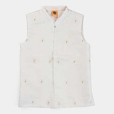 Boys Raw Silk Embroidered Waistcoat-Off White