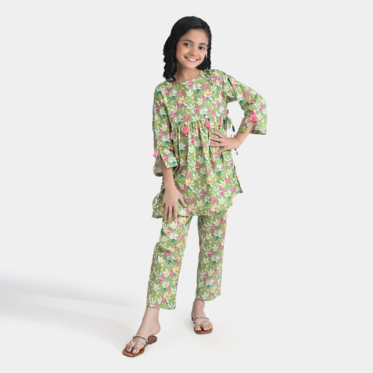 Girls Cotton Poplin Printed 2Pcs Pistachio-Multi