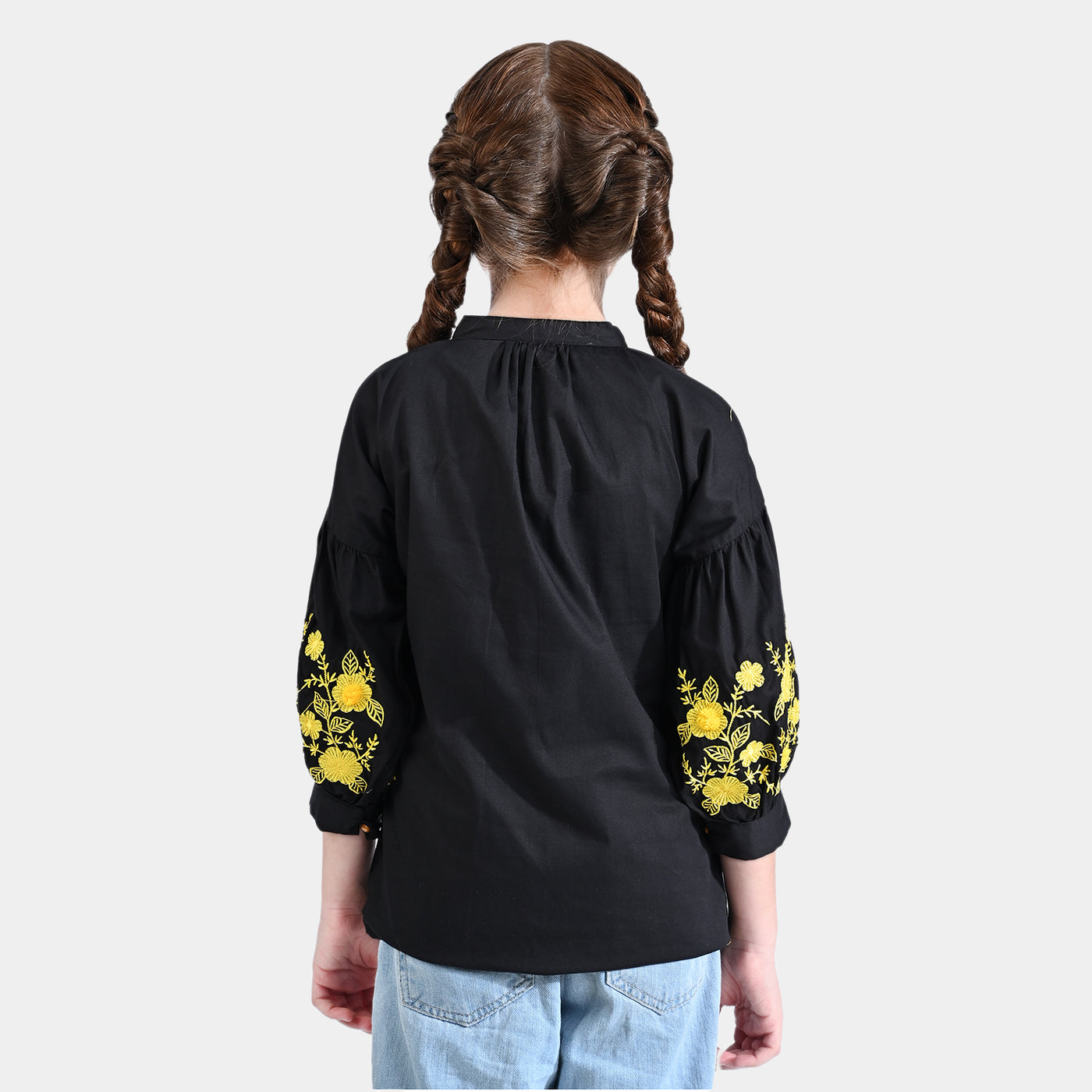 Girls Cotton Poplin Emb Top Yellow Impact-BLACK