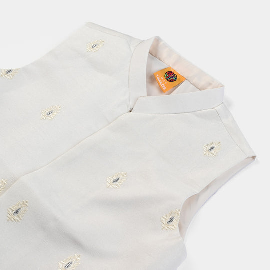 Boys Raw Silk Embroidered Waistcoat-Off White