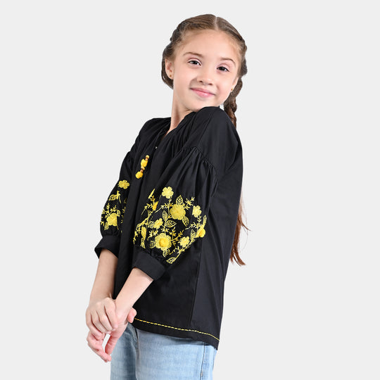 Girls Cotton Poplin Emb Top Yellow Impact-BLACK