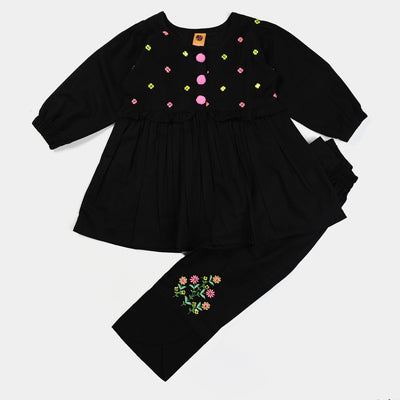 Girls Cotton embroidered 2Pcs Suit-BLACK