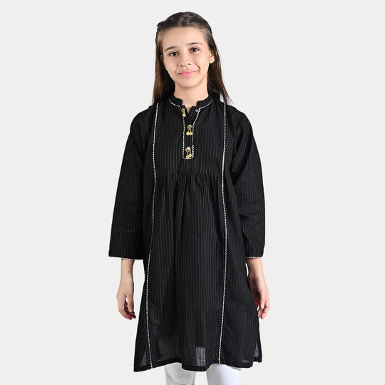 Girls Cotton Poplin Jacquard Long Kurti Stripes-BLACK