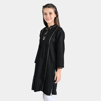 Girls Cotton Poplin Jacquard Long Kurti Stripes-BLACK