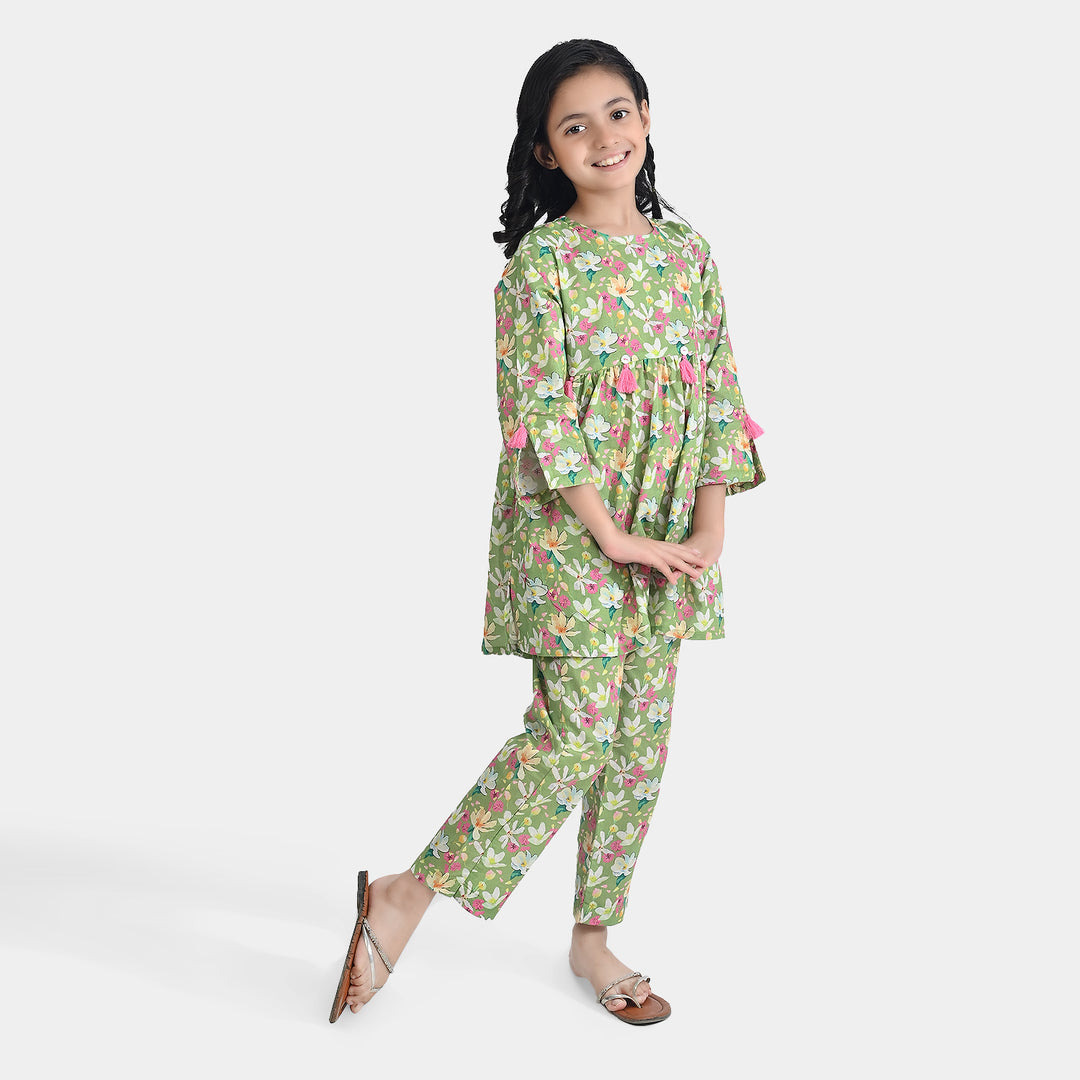 Girls Cotton Poplin Printed 2Pcs Pistachio-Multi