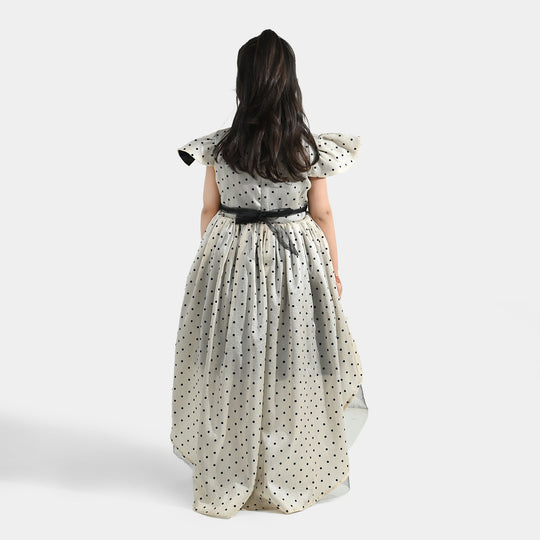 Girls Organza Fancy Frock (Dotted) - Off-White