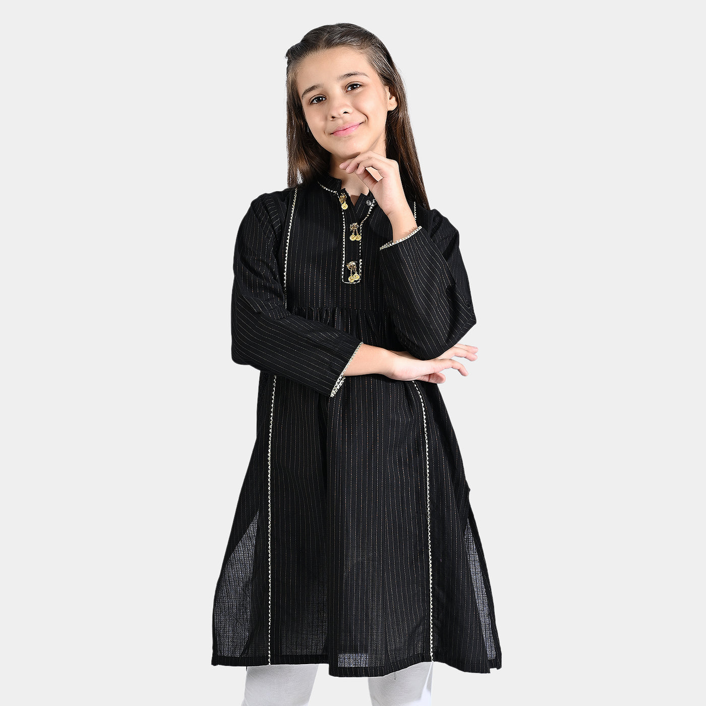 Girls Cotton Poplin Jacquard Long Kurti Stripes-BLACK