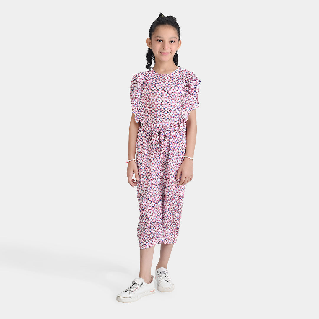 Girls Cotton Viscose Jumpsuit Cape Sleeve-Pink