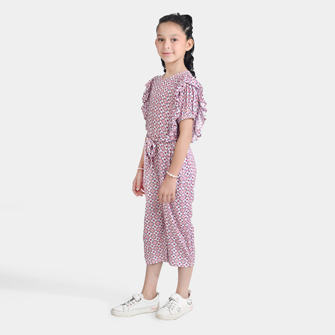 Girls Cotton Viscose Jumpsuit Cape Sleeve-Pink