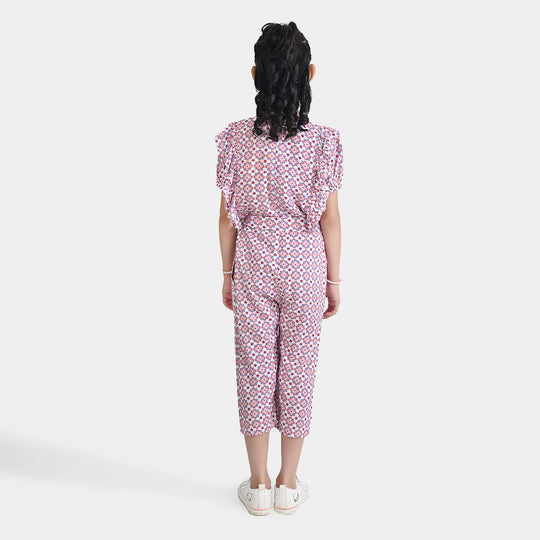 Girls Cotton Viscose Jumpsuit Cape Sleeve-Pink