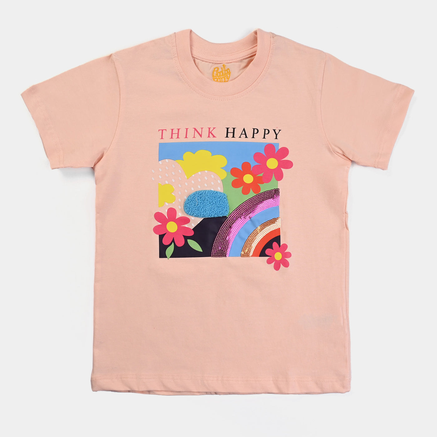 Girls Cotton Jersey T-Shirt H/S Think Happy-Peach