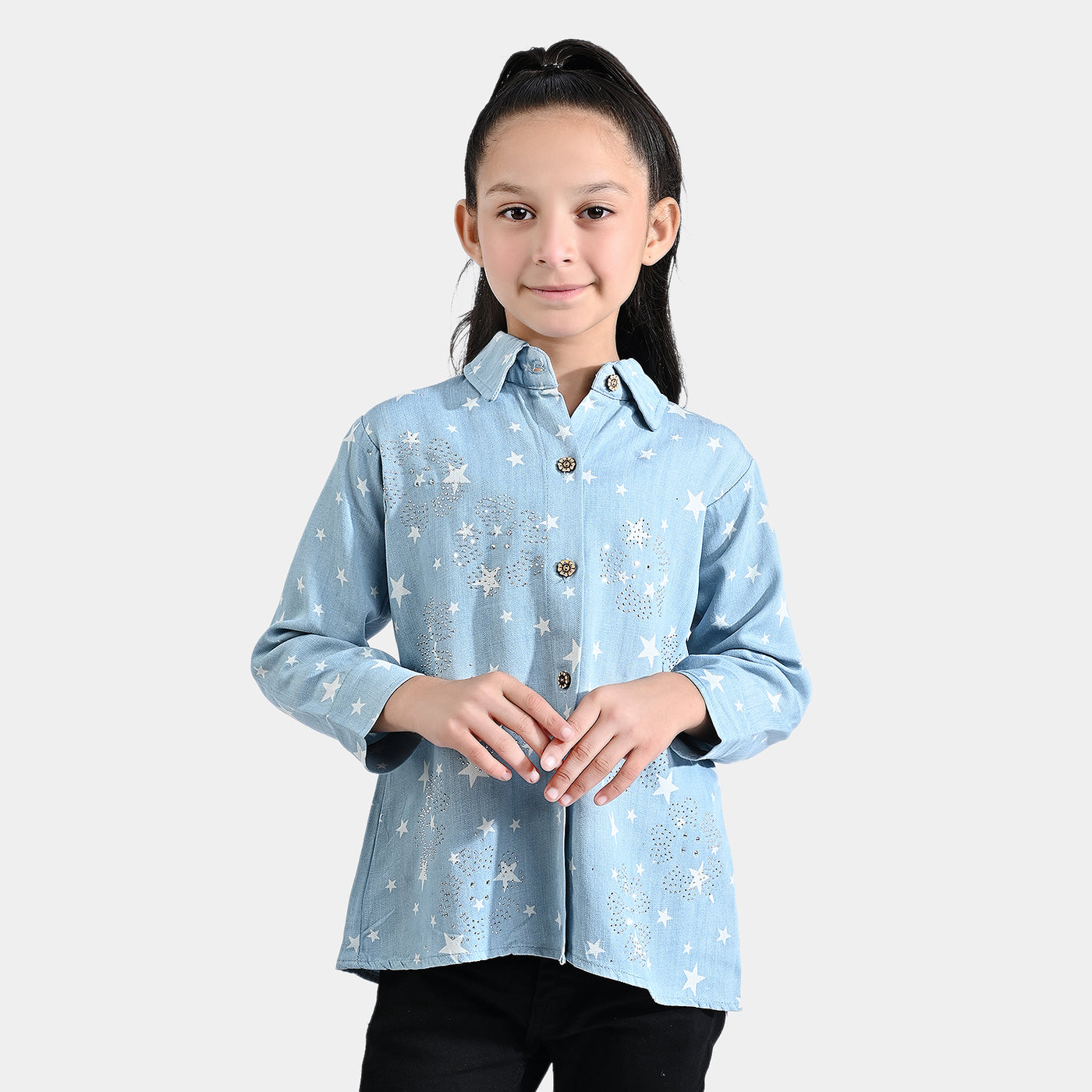 Girls Poly Cotton Casual Top Star-Ice Blue