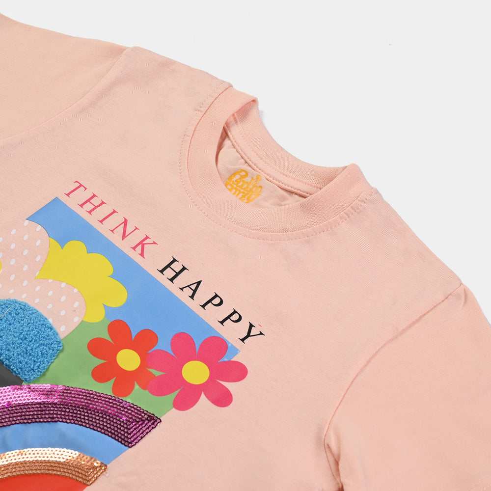 Girls Cotton Jersey T-Shirt H/S Think Happy-Peach