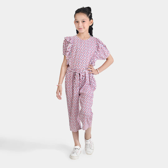 Girls Cotton Viscose Jumpsuit Cape Sleeve-Pink