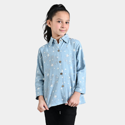 Girls Poly Cotton Casual Top Star-Ice Blue