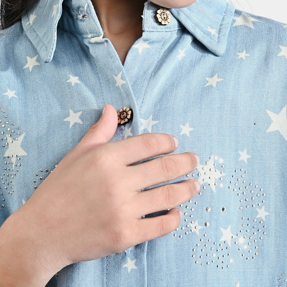 Girls Poly Cotton Casual Top Star-Ice Blue