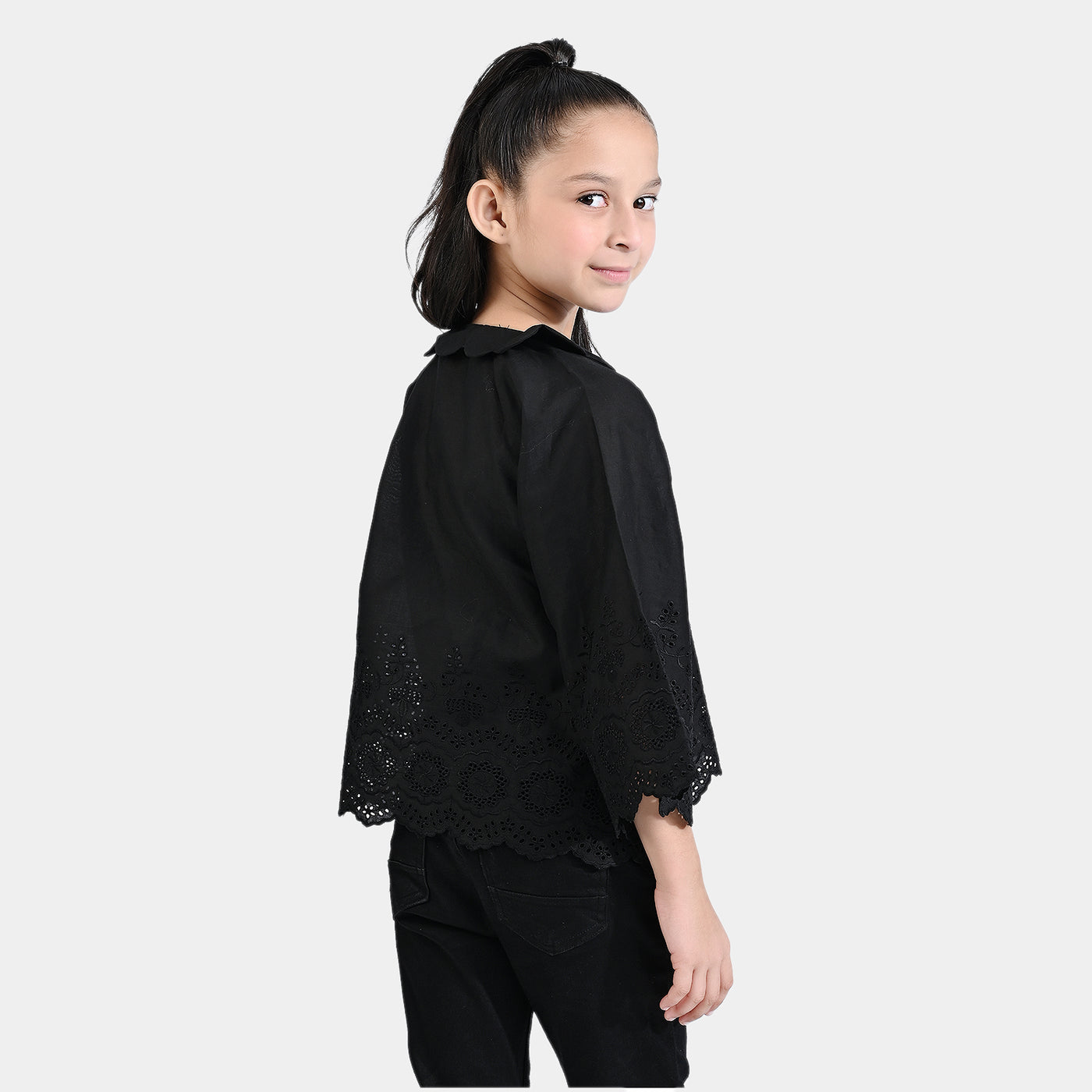 Girls Chicken Kari Emb Crop Top-BLACK