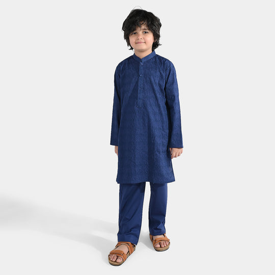 Boys Cotton Poplin Kurta Pajama (Chicken Kari) - Blue