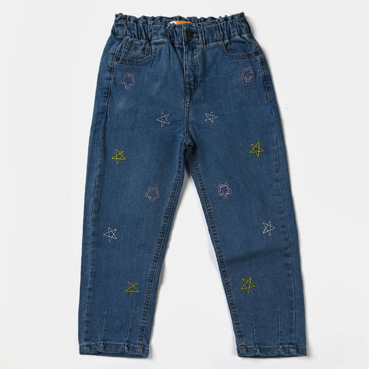 Girls Denim Pant Stars Embroidery- Blue