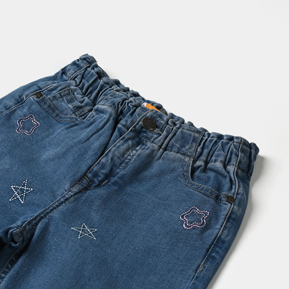 Girls Denim Pant Stars Embroidery- Blue