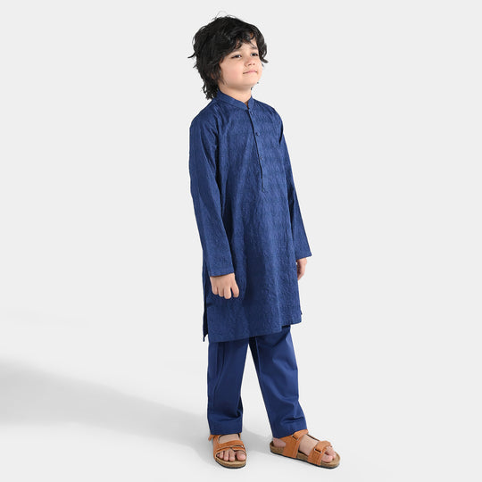 Boys Cotton Poplin Kurta Pajama (Chicken Kari) - Blue