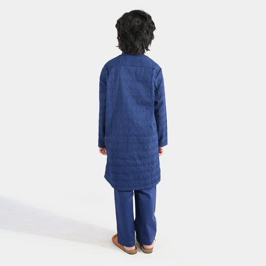 Boys Cotton Poplin Kurta Pajama (Chicken Kari) - Blue
