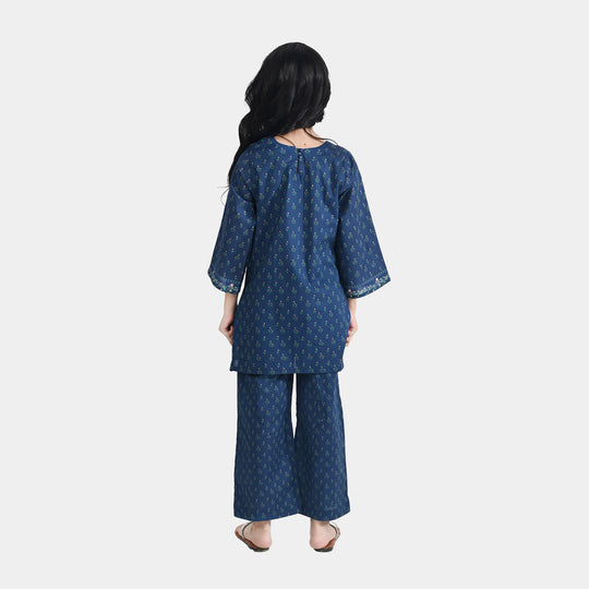 Girls Cotton Poplin Printed 2 Pcs Lotus-Blue