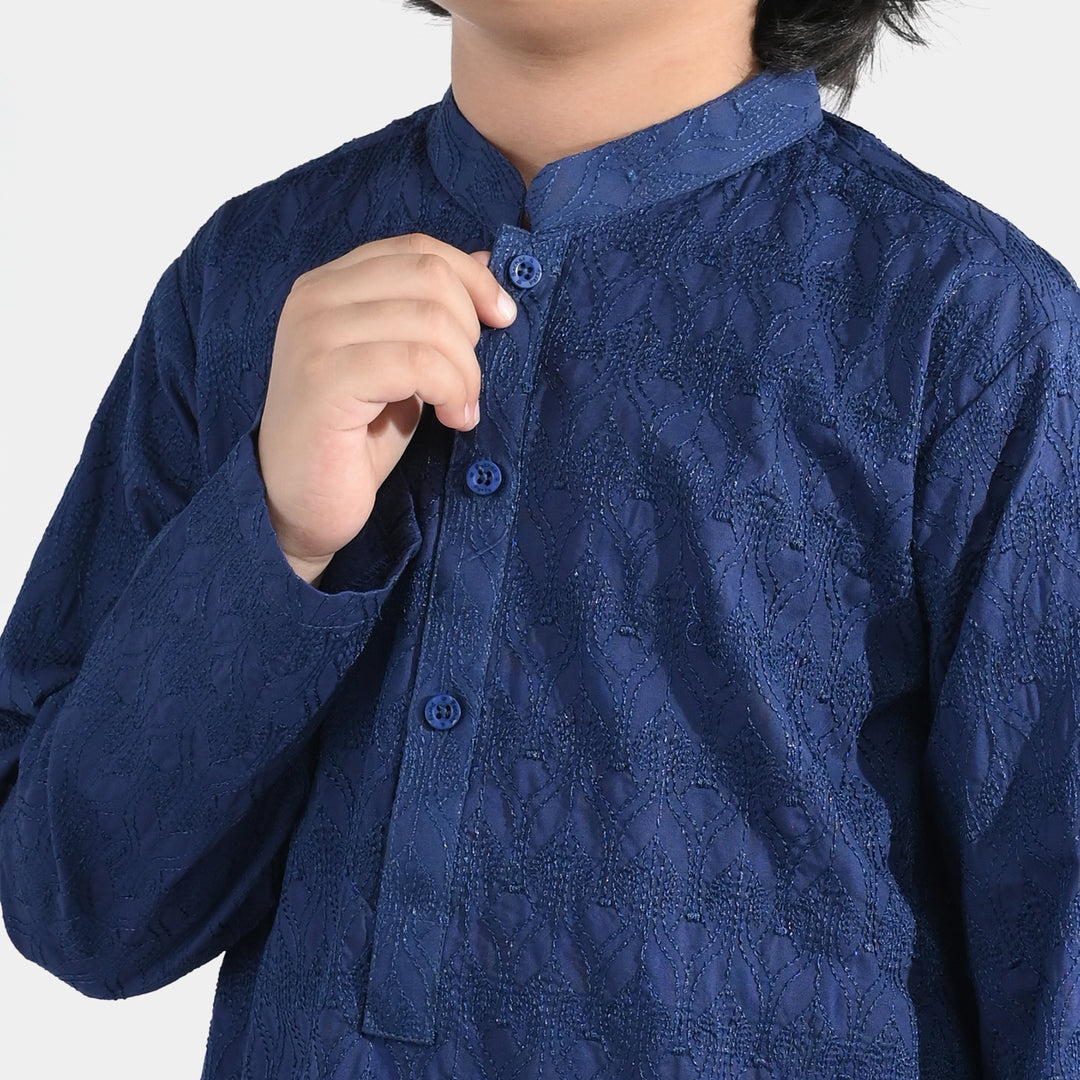 Boys Cotton Poplin Kurta Pajama (Chicken Kari) - Blue