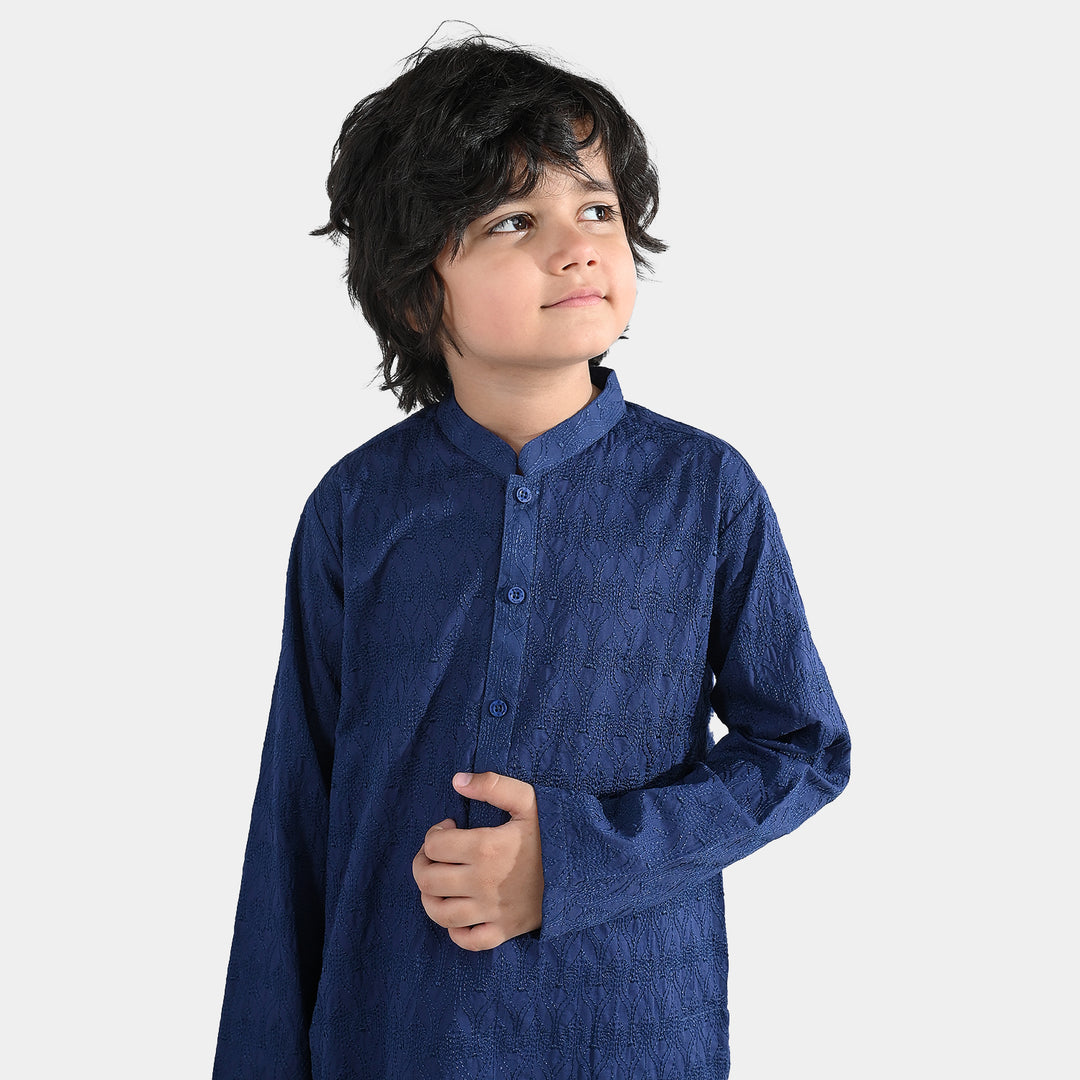 Boys Cotton Poplin Kurta Pajama (Chicken Kari) - Blue