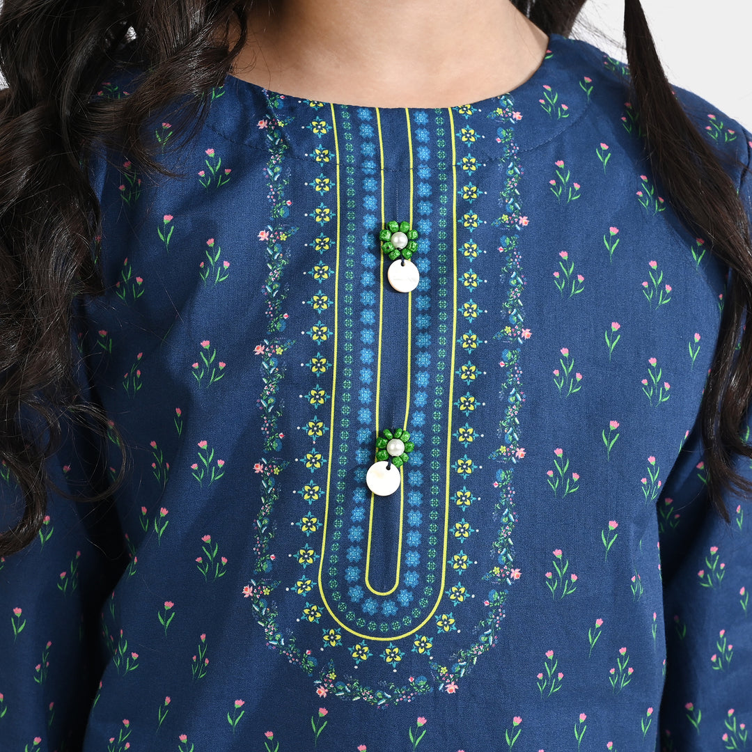 Girls Cotton Poplin Printed 2 Pcs Lotus-Blue