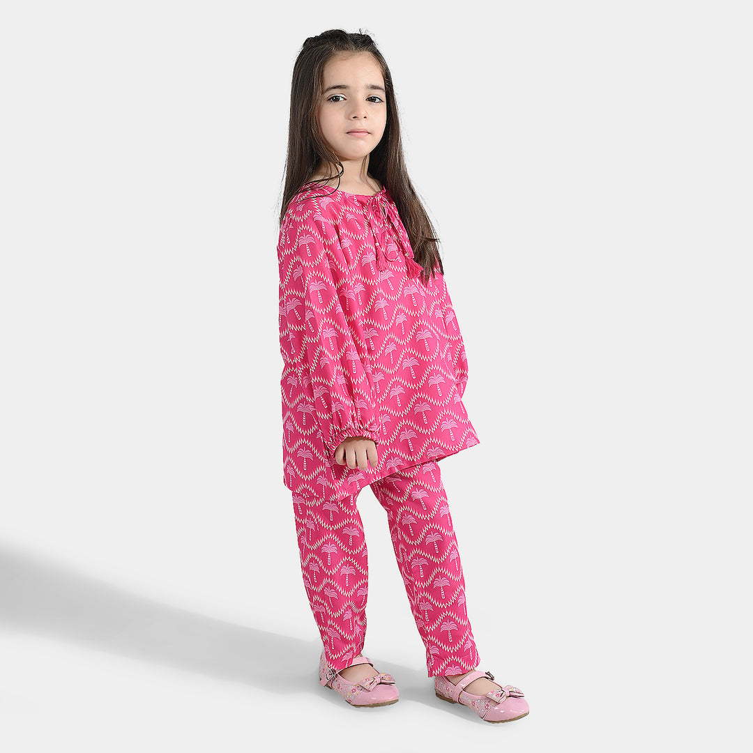 Girls Poly Lawn Co-Ord Set Palm Tree-Pink
