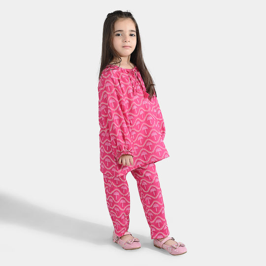 Girls Poly Lawn Co-Ord Set Palm Tree-Pink