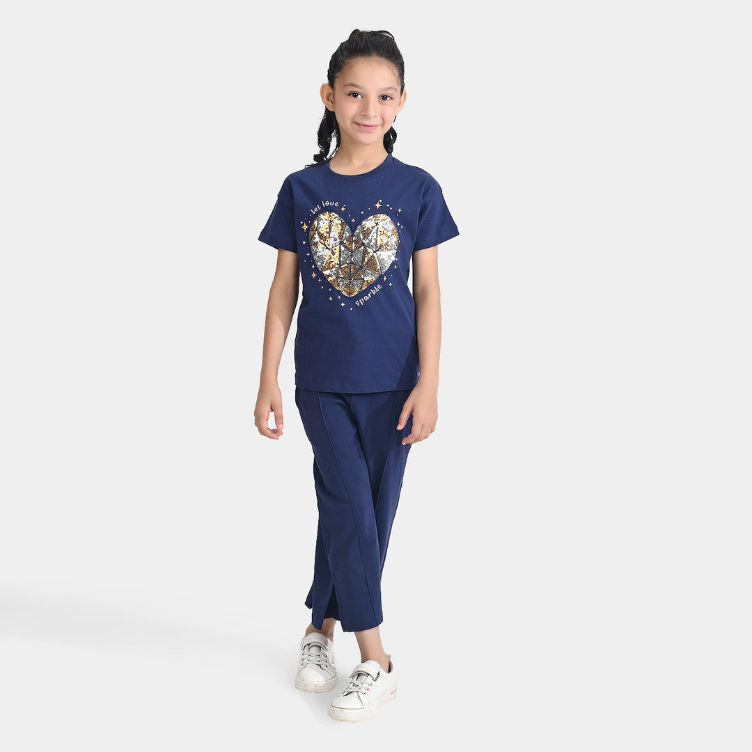 Girls Jersey/Terry 2 Piece Suit Love Sparkle-Navy Blue