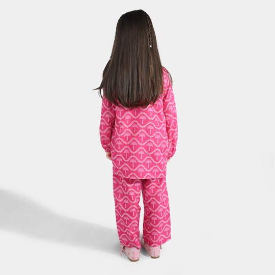 Girls Poly Lawn Co-Ord Set Palm Tree-Pink