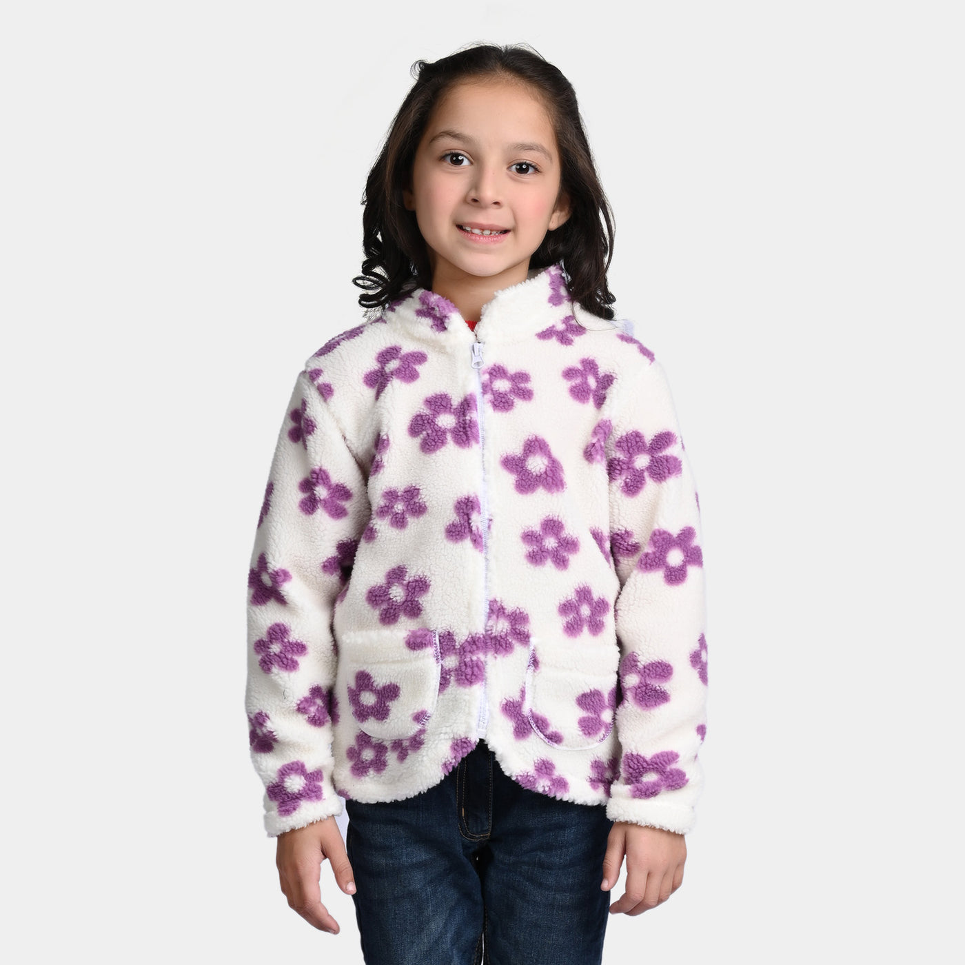 Girls Sherpa Jacket Flower-White