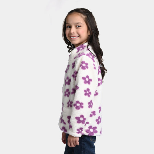 Girls Sherpa Jacket Flower-White