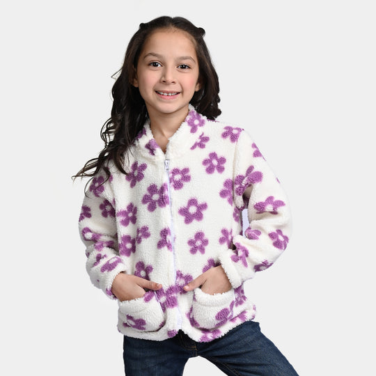 Girls Sherpa Jacket Flower-White