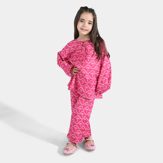 Girls Poly Lawn Co-Ord Set Palm Tree-Pink