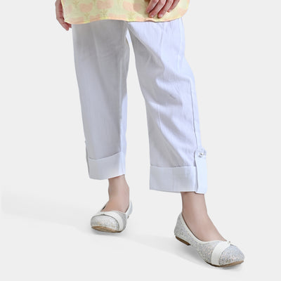 Girls Cotton Pant Loops Button -White