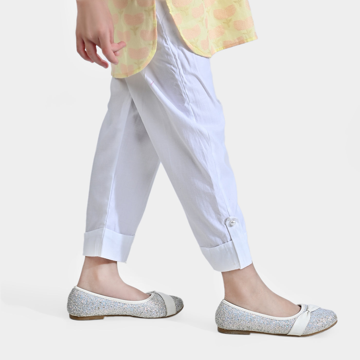 Girls Cotton Pant Loops Button -White