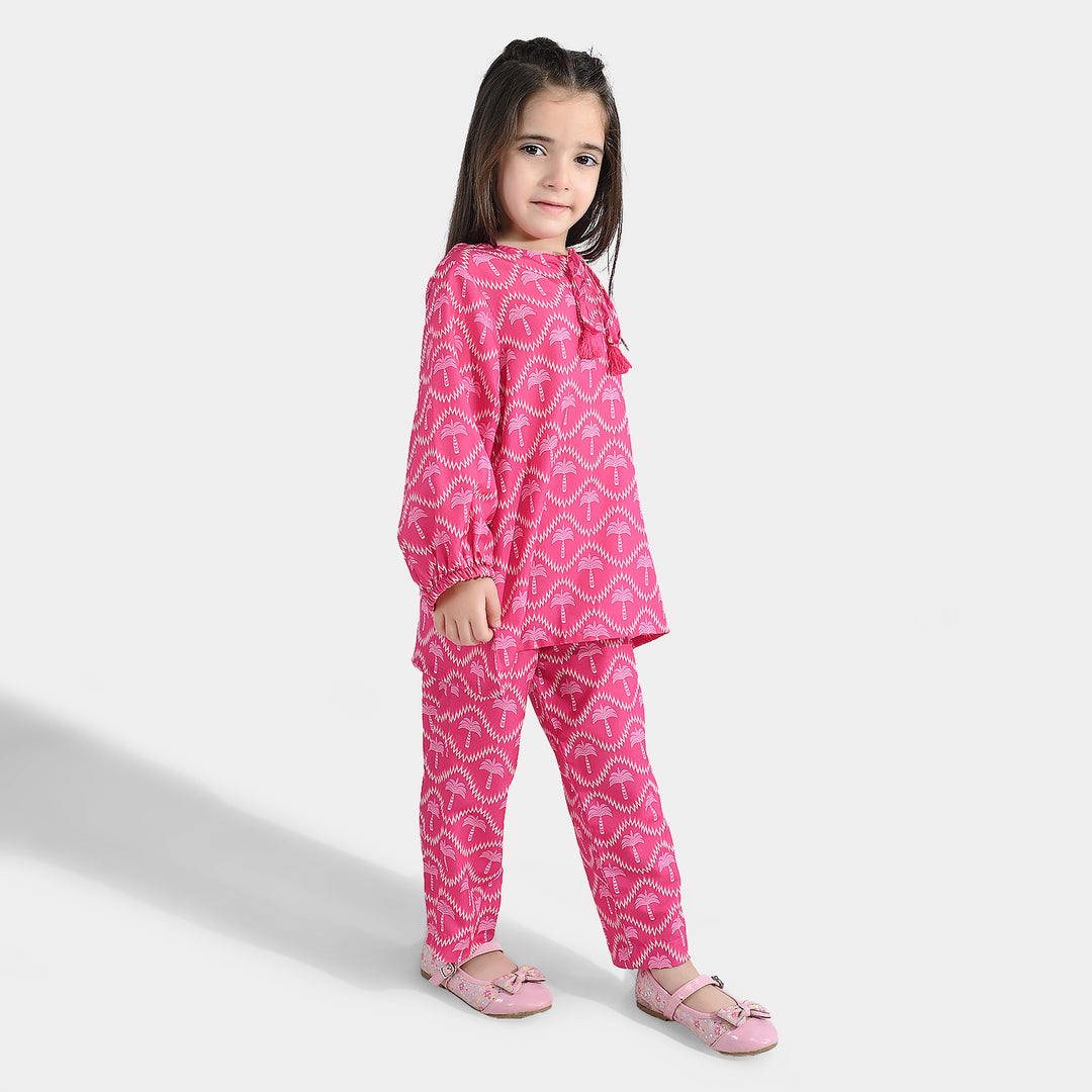 Girls Poly Lawn Co-Ord Set Palm Tree-Pink