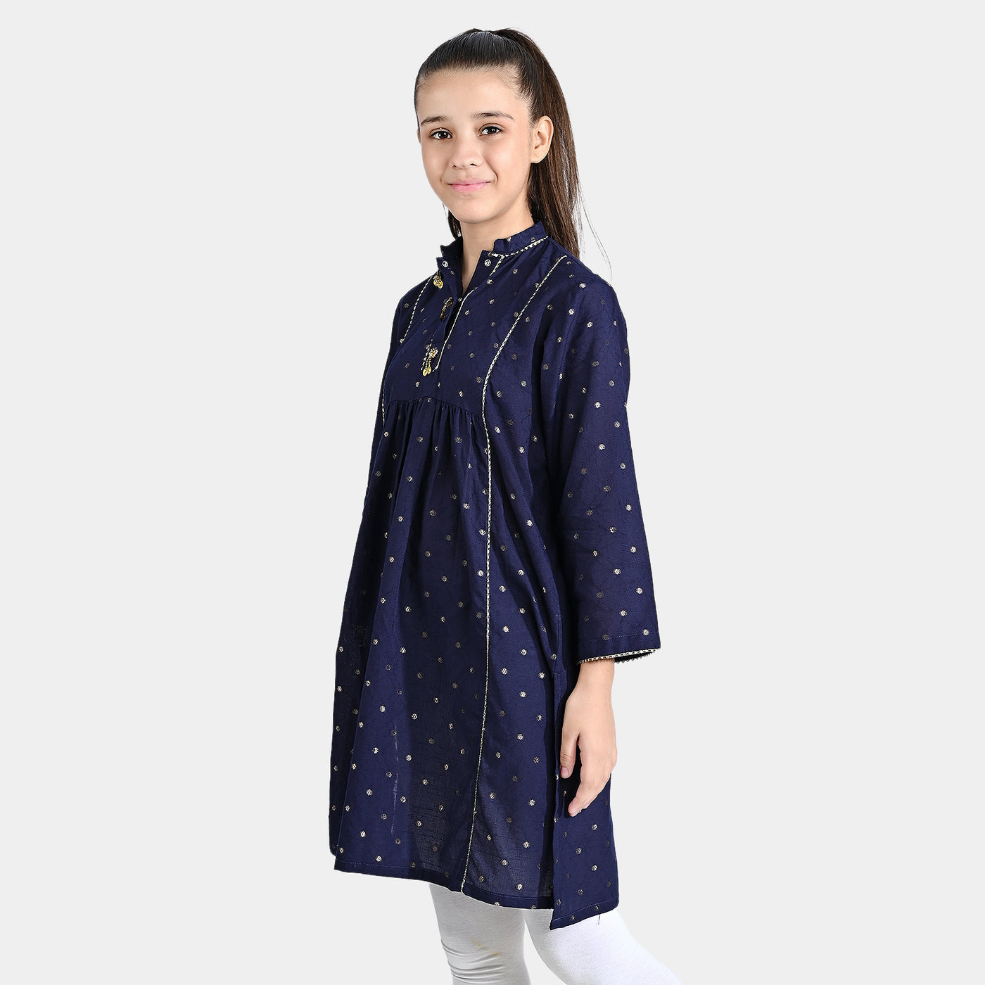 Girls Cotton Poplin Jacquard Long Kurti Stripes-Navy Blue