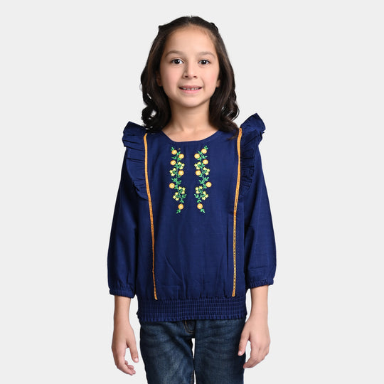 Girls khaddar EMB Top Flower Bunch-Navy Blue