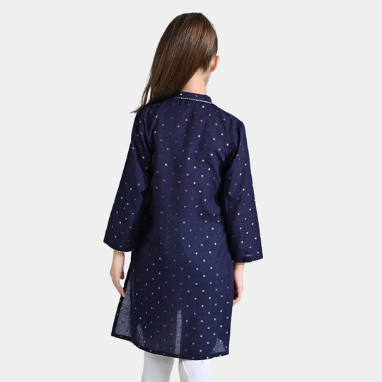 Girls Cotton Poplin Jacquard Long Kurti Stripes-Navy Blue