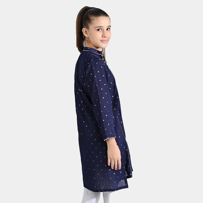 Girls Cotton Poplin Jacquard Long Kurti Stripes-Navy Blue