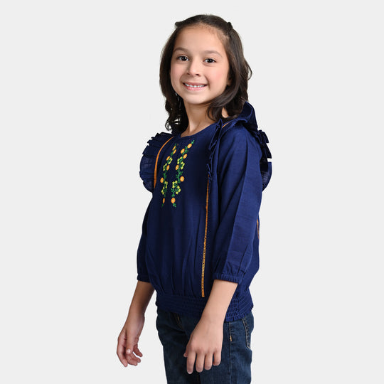 Girls khaddar EMB Top Flower Bunch-Navy Blue