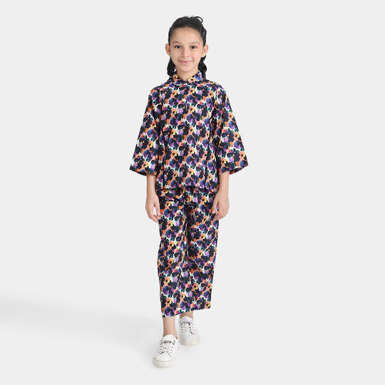 Girls Cotton Poplin Co-Ord Purple Deffodills-Multi