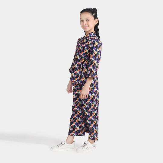Girls Cotton Poplin Co-Ord Purple Deffodills-Multi