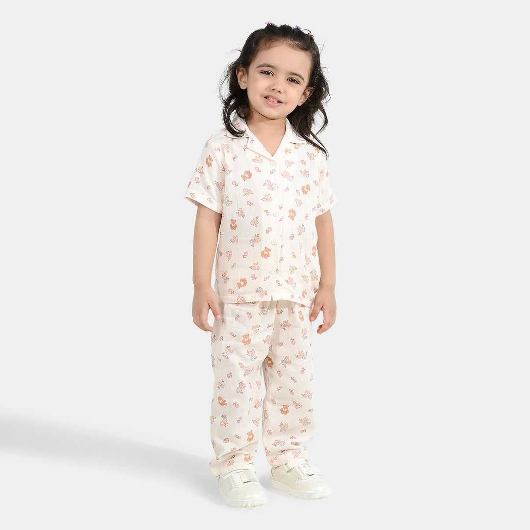 Girls Linen Viscose Nightwear-Teddy Flora-Cream