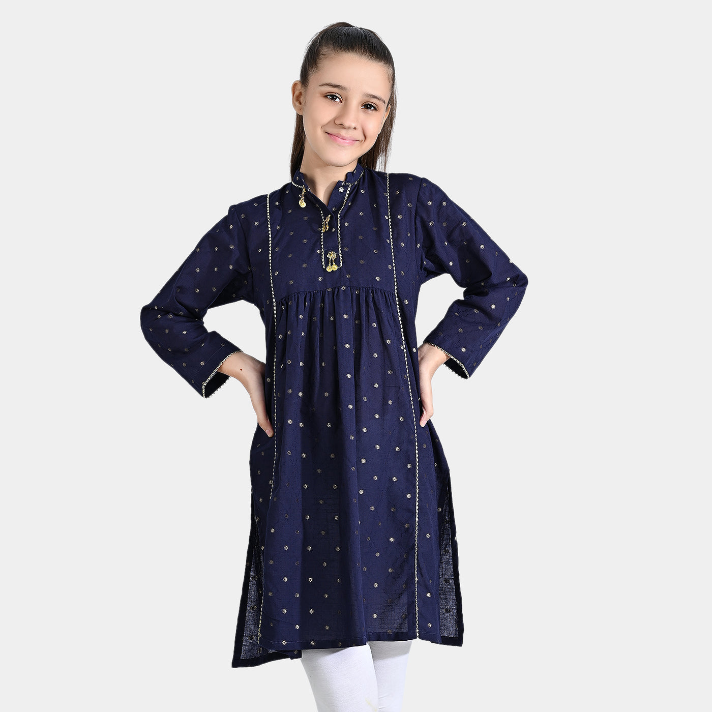 Girls Cotton Poplin Jacquard Long Kurti Stripes-Navy Blue